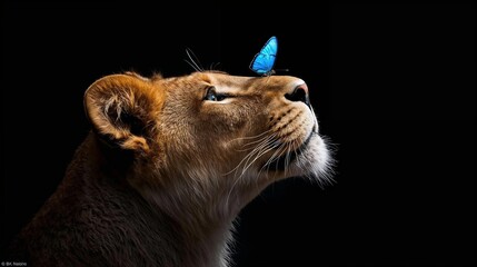 Stunning lion portrait with vibrant blue butterfly resting gently on its nose against a dramatic black backdrop highlighting nature's beauty and contrast