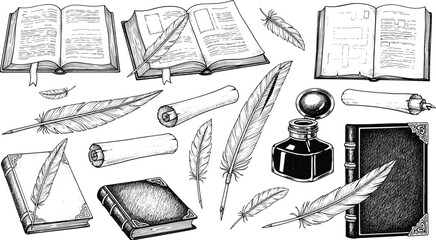 Vintage writing and reading tool illustration, open book quill scroll ink bottle, classical literature icon, black vector design, scholar theme