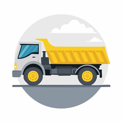 A vibrant illustration showcases a yellow dump truck, ideal for construction or transport, set against a circular backdrop with clouds.
