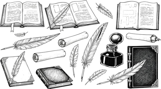 Vintage writing and reading tool illustration, open book quill scroll ink bottle, classical literature icon, black vector design, scholar theme