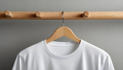 A single white t-shirt hanging from a clothes rack, waiting for use or ironing