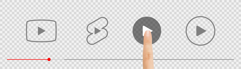 Vector video player interface with hand finger touch gesture. Mobile app media control interaction. Smartphone screen multimedia playback with user tapping.