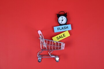 A miniature shopping cart sits on a red backdrop beside a small clock and colorful signs reading 'Flash' and 'Sale', conveying urgency, discounts, and quick shopping ideas.