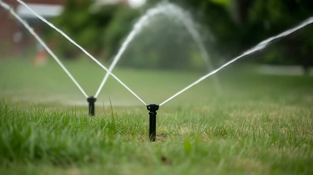 Automated lawn irrigation system keeps green grass healthy and vibrant with timed water sprinkling for a lush, thriving lawn, perfect for home maintenance