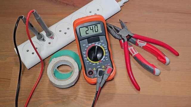 The multimeter measures the voltage in the network with its probes.