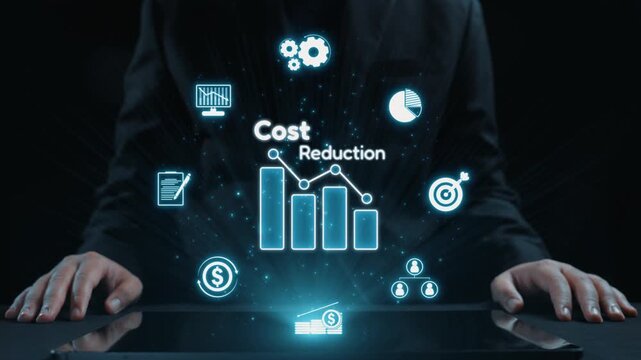 A businessman presents a holographic display featuring graphs and icons related to cost reduction strategies, showcasing financial analytics in a dark and professional setting. Qubit