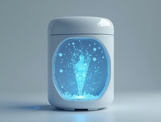 Holographic human figure rendering inside futuristic container