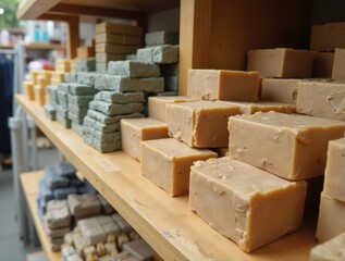Artisan handmade soap blocks on wooden shelf