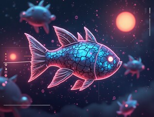 Glowing neon fish swimming in cosmic space with digital art elements