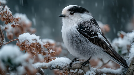 Naklejka premium Fluffy Long Tailed Tit On Snowy Branch