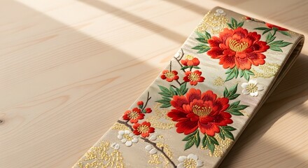 Exquisite Japanese obi belt with vibrant red and white floral embroidery on wooden surface representing Coming of Age Day concept and traditional celebration