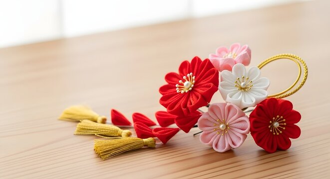 Traditional Japanese Kanzashi hair accessories for Kimono on a light wooden table, symbolizing Coming of Age Day concept and cultural celebration