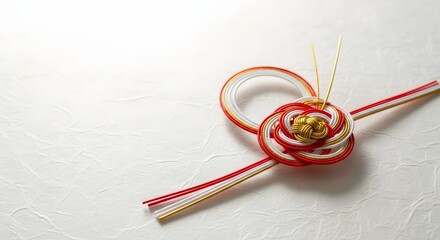 Elegant Japanese Mizuhiki knot on white textured paper, symbolizing celebration and good fortune for a Coming of Age Day concept and traditional milestone