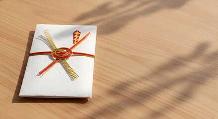 Elegant Japanese gift envelope with red and gold mizuhiki knot on wood table for Coming of Age Day concept and traditional milestone celebration