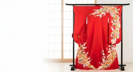 Red furisode kimono hanging on a display rack in a traditional Japanese room, representing Coming of Age Day concept and cultural heritage