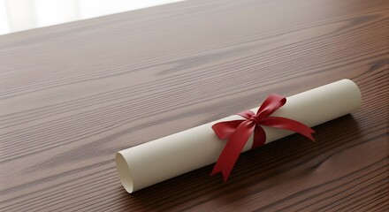 Elegant rolled graduation certificate with red ribbon on a dark wooden table representing coming of age day concept and academic achievement