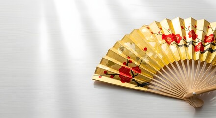 Elegant Japanese folding fan adorned with plum blossoms displayed on a white wooden background for Coming of Age Day celebration concept and cultural heritage