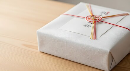 Traditional Japanese gift box with elegant mizuhiki knot on a wooden table, representing coming of age day celebration concept and cultural heritage