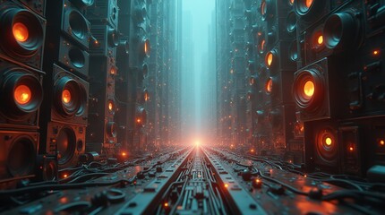 Surreal cityscape made of speaker stacks and cables pulsating with orange light