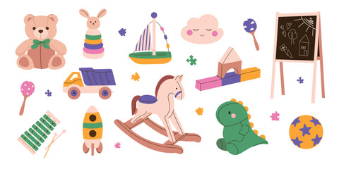 Cute kids toy set. Flat vector illustration isolated on white.