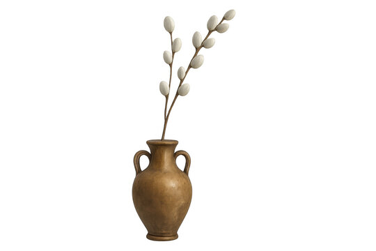 Pussy willow branches in a rustic pottery vase celebrating spring and easter traditions with a transparent background