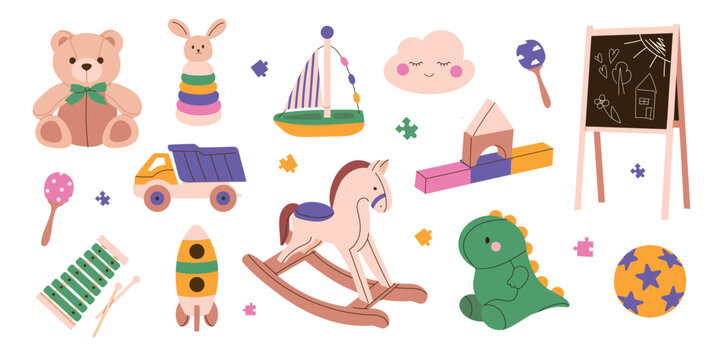 Cute kids toy set with teddy bear, rocking horse, dinosaur, truck, building blocks and preschool elements. Flat vector illustration for nursery designs, baby products, posters.