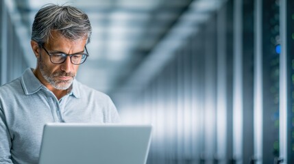 Focused IT Engineer Working on Laptop in Modern Data Center Environment