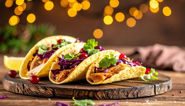 Kleine Tacos gef&uuml;llt mit zartem, gezupftem Truthahn, knusprigem Rotkohl und fruchtiger Cranberry-Salsa liegen auf einem rustikalen Holzbrett