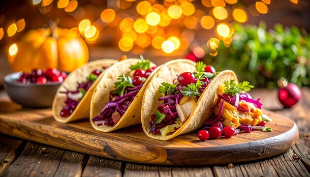 Kleine Tacos gef&uuml;llt mit zartem, gezupftem Truthahn, knusprigem Rotkohl und fruchtiger Cranberry-Salsa liegen auf einem rustikalen Holzbrett