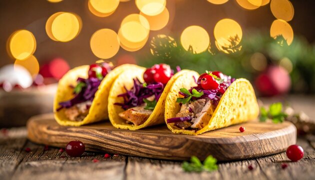 Kleine Tacos gef&uuml;llt mit zartem, gezupftem Truthahn, knusprigem Rotkohl und fruchtiger Cranberry-Salsa liegen auf einem rustikalen Holzbrett