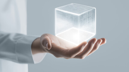 A human hand holds a glowing, abstract wireframe cube, symbolizing advanced technology, data, and future innovation.