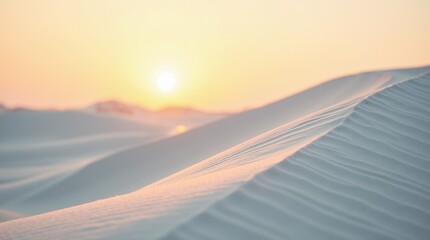 lose-up of white sand dunes with soft shadow contours at sunrise, serene desert minimalism, Cloud Dancer Color of 2026.