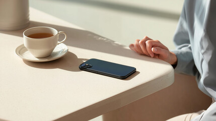 Woman's hands on a table with a smartphone and a cup of tea, enjoying a moment of relaxation in natural light.