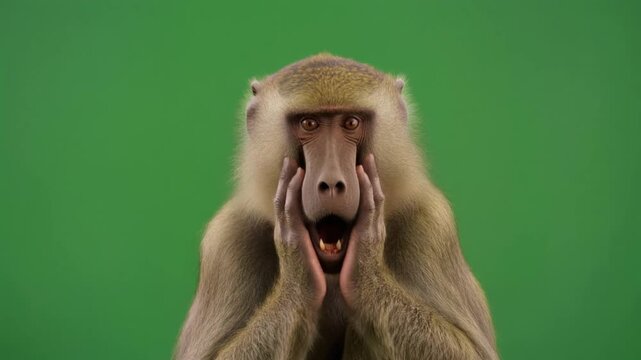 Meme wildlife image of a shocked monkey. Primate with hands on face. Expressive animal photography. Green chroma key background. Funny monkey portrait. Surprised face. Monkey emotions. Close-up.