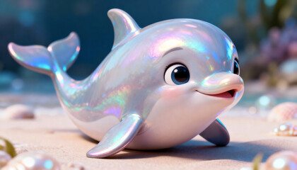 3D Cartoon Illustration of a Cute Smiling Dolphin with Iridescent Pearlescent Skin Resting on a Sandy Beach. Adorable Marine Animal Character. Tropical Ocean Wildlife Artwork