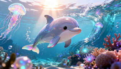 3D underwater scene with a cute smiling dolphin swimming among colorful jellyfish, vibrant coral reefs, and marine plants in a bright blue underwater environment.
