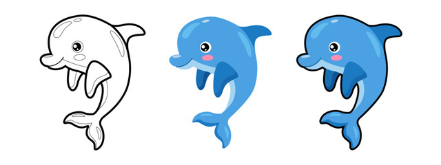 Vector cartoon dolphins in a different style isolated on a white background. Perfect for kids&rsquo; educational materials, marine-themed projects, children's books, stickers, clipart sets, etc.