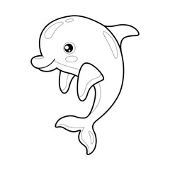 Black and white line drawing of a cartoon dolphin isolated on a white background, perfect for children's coloring pages, educational materials, marine-themed worksheets, nursery designs, etc.