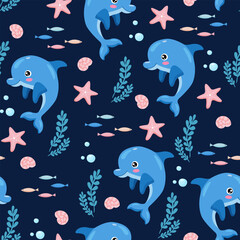 Vector seamless pattern featuring cute cartoon dolphins swimming in a dark blue ocean, surrounded by seaweeds, starfish, and small fish. Perfect for kids&rsquo; products, ocean-themed wallpapers, etc.