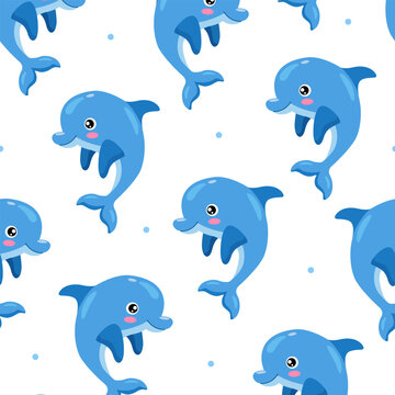 Vector seamless pattern of cheerful cartoon dolphins in playful poses on a white background with scattered light blue dots, perfect for children&rsquo;s designs, kids&rsquo; textiles, wrapping paper, etc.