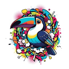 Fototapeta premium A toucan with a large colorful beak is perched on a vibrant abstract background