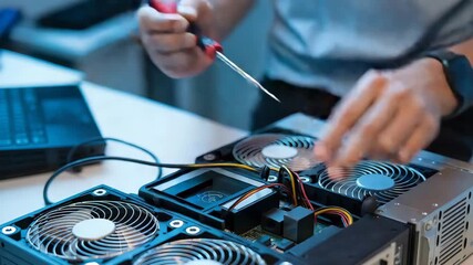 Tech expert carefully assembling high performance computer system with precision screwdriver, demonstrating advanced repair skills in modern tech lab environment