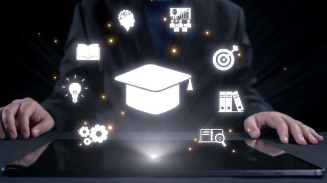 Illustrative concept of digital learning showcasing education icons above a tablet, symbolizing knowledge, innovation, and the future of technology-driven education. Qubit