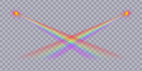 Bright rainbow rays of light with a bright flash of light on a transparent background. Vector illustration.