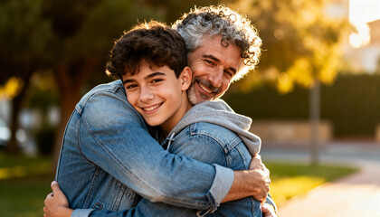 Happy middle-aged father hugging his teenage son outdoors. Portrait of a smiling family showing love and affection. Fatherhood and parent-child bonding concept