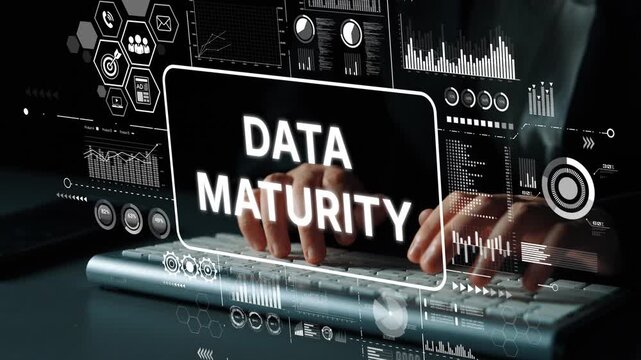 Data Maturity Concept with Digital Graphics and Keyboard in the Background for Business Analysis and Data Management. Asymptotic smart data analytic.