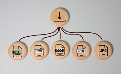 wooden box with save file icon or download file format DOC, JPG,RAR, TXT, XLS, CSV, DLL And MP3 file.