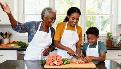 Multi-generational African American family cooking together in the kitchen. Grandmother, mother, and son preparing healthy food. Family bonding and learning culinary skills