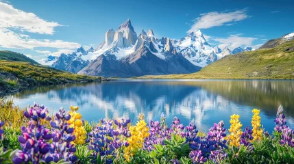 Poster Reflectie Snow-capped mountains reflected in a still lake, framed by purple and yellow flowers under a blue, cloudy sky. AI.  © Natalia