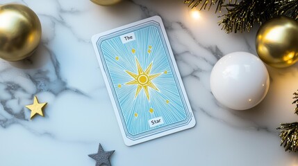 A tarot card, "The Star," sits amidst ornaments and tinsel on a marble surface. AI.